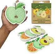 Biodegradable Cellulose Compressed Sponges - Pack of 12 Fruit Shaped Kitchen Sponges for Cleaning - Heavy Duty and Natural Household Cleaning Sponges Good for Kitchen, Bathroom, and Surfaces