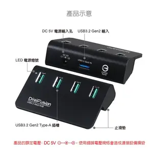 伽利略 USB3.2 Gen2 4埠 Hub 鋁合金 無變壓器(H418S-BK)