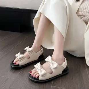 韓國涼鞋 2024夏季新款 增高 3CM 魔術貼 厚底涼鞋 仙女風 蝴蝶結 防滑 銀色 羅馬涼鞋 外穿 度假 涼鞋女