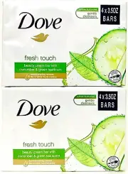2 Packs Dove Fresh Touch Cucumber & Green Tea Scent 4 Count Beauty Cream Bar