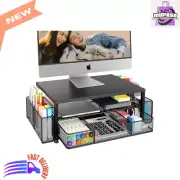 2-Tier Computer Monitor Stand with Drawer & Pen Holders, Desk Organizer, Black