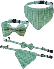 2 Pack Breakaway Cat Collars, Girl Boy Pet Kitten Collar with Bell, Removable Bow & Bandana, Plaid Pattern, and Safety Buckle (Adjustable 7.9"- 11", Green)