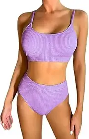 [Generic] Women's 2-Piece Ribbed High Waist Bikini Set Basic Solid Color Swimsuit Swimsuit