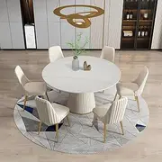 WZZHHJ 53 Inch Modern Sintered Stone Dining Table with Stainless Steel Base & 6 Chairs, Round White Table for Dining Room, American Design, Eco-Friendly, Stain & Heat Resistant