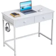 Furologee White Small Computer Desk with 2 Fabric Drawers, Simple Home Office Wr