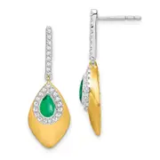 14k Yellow Gold Two-tone Emerald and Real Diamond Dangle Earrings