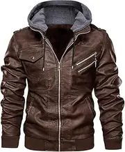 [Blaq Ash] Men's Faux Leather Hooded Motorcycle Jacket, Zip-Up, with Pockets, Removable Hood