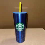 Starbucks Venti Metal Tumbler Blue Speckles Yellow Straw Cold Cup NWT