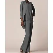 Jumpsuit / Pantsuit Mother of the Bride Wedding Guest Elegant V Neck Floor Length Chiffon 3/4 Length Sleeve with Ruffles 2025 free custom size
