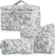 Waltonalice 3-Piece Travel Cosmetic Bag Set, Women's Make-Up Bag, Aesthetic Flowers, Large Toiletry Bag, Cute Makeup Bag, Made of Cotton, Wash Bag, Portable Travel Essentials for Women, Blue #