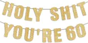 JunyRuny 60th Birthday Banner - Gold Glitter, 60th Birthday Decorations for Men & Woman, Funny Sixty Sign for Her&Him, 60 Party Sign