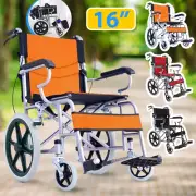 16" Foldable Wheelchair Park Brakes Lightweight Soft for Elderly 2024 New