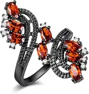 [Uloveido] Black Plated Flower Open Tail Ring Tree of Leaf Life Symbol Ring with Red Oval Cubic Zirconia J656-New