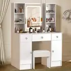 Dressing Table Stool Set with Hollywood LED Mirror 3 Drawers Vanity Make up Desk