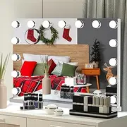 [HOMIYO] 23" x 18"Vanity Mirror with Lights,Large Vanity Mirror with lights-15 Bulbs,3 Colors Modes,USB Charging Port,Aluminum Metal Frame,Tabletop or Wall-Mounted,White