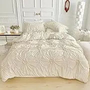 Women Beige Flower Duvet Cover Queen Size,3PCS Soft Microfiber Bedding Set,Boho Textured Geometric Pattern Duvet Cover with Corner Ties & Zipper Closure (90"x90"-1 Duvet Cover,2 Pillow Cases)