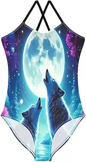 [RPLIFE] Wolves Howling Moon Blue Girls One Piece Swimsuit with Adjustable Shoulder Strap, Beach Swimsuit, 3-10