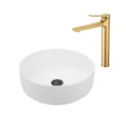ACA 35x35CM Bathroom Ceramic Basin With Gold Tap Counter Top White Sink Hand Wash Bowl Set
