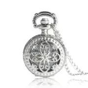 Silver Tone Small Flower Quartz Pocket Watch Necklace Chain for Women Girl Kids