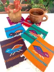 Zapotec Mug Coaster, 5"x6" Hand Woven Set of 6 Wool Turtle Coffee Cup Mini Rug