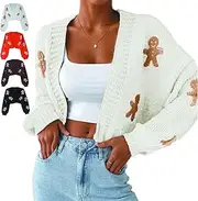 [Generic] Gingerbread Sweater Women, Gingerbread Cardigan, Ugly Christmas Gingerbread Man Cropped Knit Cardigan Sweatshirt