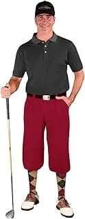[Golf Knickers] Mens Outfit - Maroon Microfiber, Limited Edition Ball Cap, Over-The-Calf Argyle Socks, Black Golf Shirt
