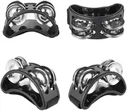 DACUAN Foot Tambourine Percussion, 4 Pcs Musical Instrument Percussion Pedal with Steel Jingle Bells for Drum Guitar Playing, Foot Percussion Shakers with Elastic Strap for Adults Black