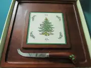 SPODE WOODEN AND CERAMIC SERVING TRAY CHEESE BOARD WITH KNIFE 12 X 12" ^^^
