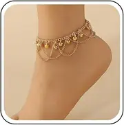 [Aneneiceera] Boho Layered Anklet Bracelet Gold Bell Dangle Ankle Bracelets Tassel Chain Anklet Indian Gypsy Anklet Jewellery for Women (Gold)