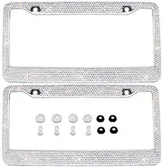 Bling Bling License Plate Frames 2 Pack - Pure Handmade Waterproof Glitter Rhinestones Crystal White License Plate Frame for Cars with 2 Holes Bonus Matching Screws Caps Set