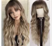 Wavy Blonde Wig With Bangs & Dark Roots 26” 2 Wig Caps Lativ