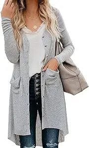 [TBONTB] Long Cardigans for Women Fall Button Down Knit Ribbed Cardigan Outwear Small Light Grey