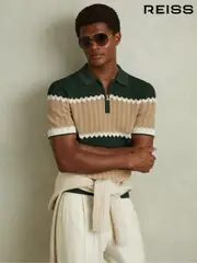Reiss Forest Green/Light Camel Alton Knitted Zig-Zag Half-Zip Polo Shirt (B39706) | $260