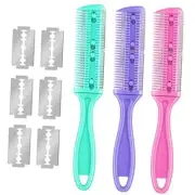 3 Pieces Hair Cutting Comb Set with 10 Razors, Double Edge Green, Purple, Pink