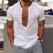 Men's Shirt Popover Shirt Summer Shirt Beach Wear Casual Shirt Band Collar Shirt Black White Wine Coffee Gray Short Sleeve Plain Collar Street Daily Clothing A