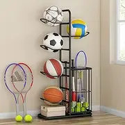 5-Tier Basketball Storage Rack with Badminton Organizer Carbon Steel Ball Holder Stand for Football, Volleyball, Soccer Garage & Indoor Sports Equipment Organizer with Basket & Hooks