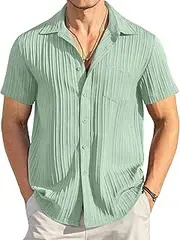 [PHJTOMK] Mens Stretch Fit Textured Beach Polo Tops Button Down Vacation Golf Shirts Casual Cuban Collar Shirt with Pocket