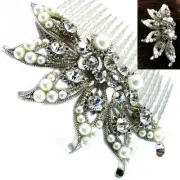 USA Hair Comb vintage Crystal Handmade Bridal wedding prom pearl pin silver 11