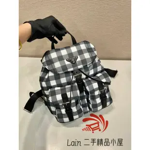 二手精品 PRADA 普拉達 尼龍帆布格子後背包 雙肩包 女款