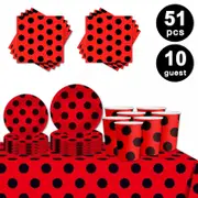 Ladybug Theme Retro Red Black Dots Party Tableware 10 Guest Pack Plates Cups Napkins Tablecloth