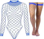 [Heavelove] 2 Pcs Woman Fishnet Bodysuit Top for Women Stretch One Piece Long Sleeve Mesh Rave Romper Body Suit with Large Net Stocking