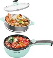 Audecook Green 1.5L Electric Hot Pot, Mini Nonstick Sauté Pan with Steamer, Multicooker for Steak/Soup, Touch Control, 600W