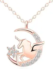 [MOOFUN] Moon Animal Necklace Deer/Unicorn/Rabbit with Zircon, Chain Girls Women Silver 925 with Pendant for Daughter, Sister, Mum, Girlfriend, Wife, Cute Fashion Jewellery for Birthdays, Graduates, 925