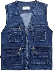 [Bciopll] Big Size V-Neck Work Denim Vest Coat Mens Casual Waistcoat Multi Pockets Sleeveless Jacket