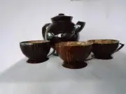 Natural 100% eco-Friendly Handmade Coconut shell Tea Pot and 3Pcs Tea Cup Set