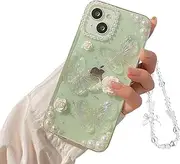 Beownest for iPhone 13/14 Case Cute Bling Floral Butterfly Clear Design Crystal Glitter Sparkly Aesthetic Phone Case for Women Girls +Pearl Chain