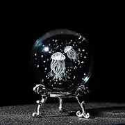 HDCRYSTALGIFTS 3D Laser Engraved Jellyfish with Star Ocean -2.3inch (60mm) Crystal Decorative Ball Figurine Glass Full Sphere with Silver-Plated Stand Home Art Decoration