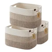 DelSol Luxury 3PCS Nursery Storage Basket 100% Cotton Rope Basket with Handles Toy Organizer and Storage for Laundry/Blankets/Pillows