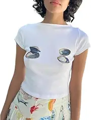 [RAKFEZ] Y2k Baby Tee Cute Graphic Baby Tee E-Girls Baby Crop Tees Slim Fit Short Sleeve Baby tees for Teen Girls Cotton T-Shirt, Large, 1-shell, White