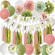 ANSOMO Sage Green and Retro Pink Happy Birthday Party Decorations White Rose Avocado Olive Blush Gold Gender Neutral Rustic Décor Supplies for Adults Women Girls